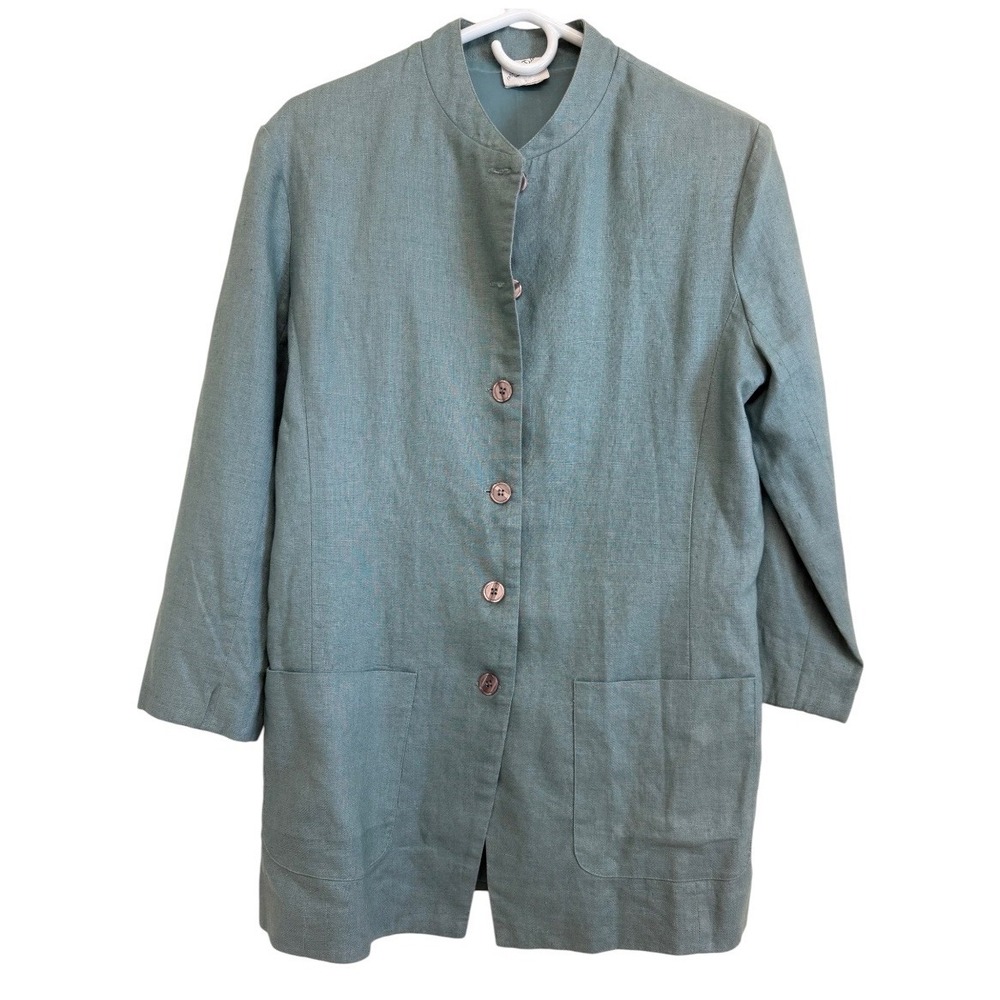 Fashion Option Vintage 100% Linen Longline Blazer Sage Green Mandarin Collar 6